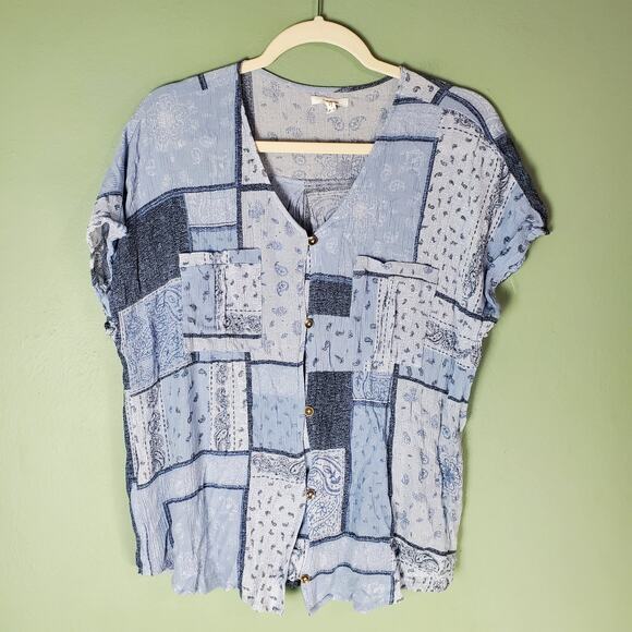 Maurices Womens Blue Paisley Patchwork Print Button Down Blouse Top Size XXL - Picture 1 of 5